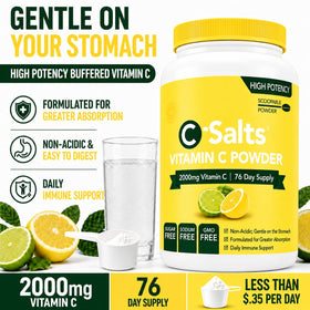 C-Salts Poudre de Vitamine C Tamponnée 227g en poudre sur une cuillère