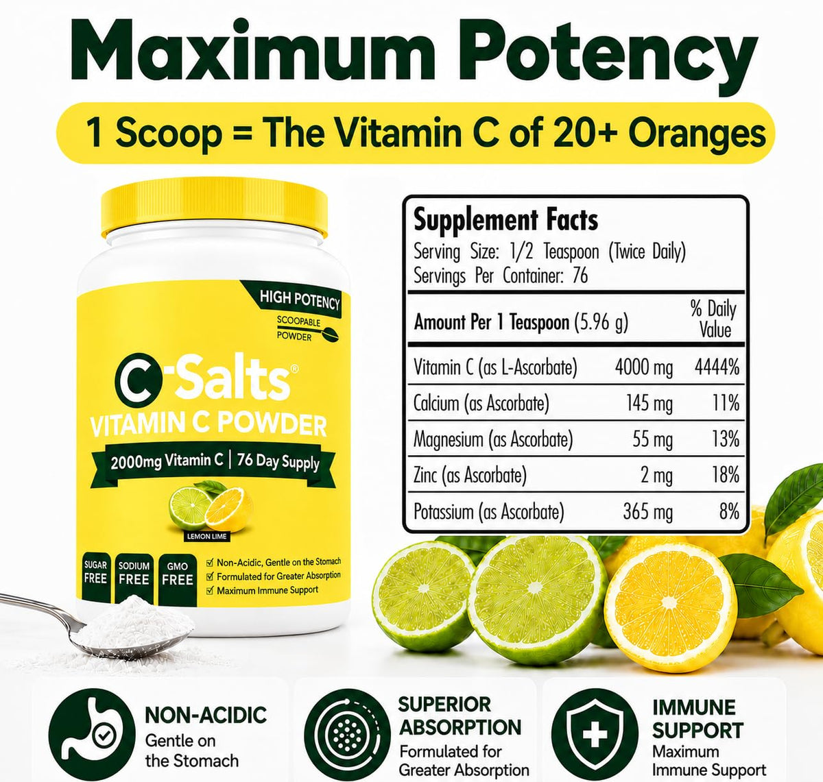 C-Salts Poudre de Vitamine C Tamponnée 227g étiquette détaillée