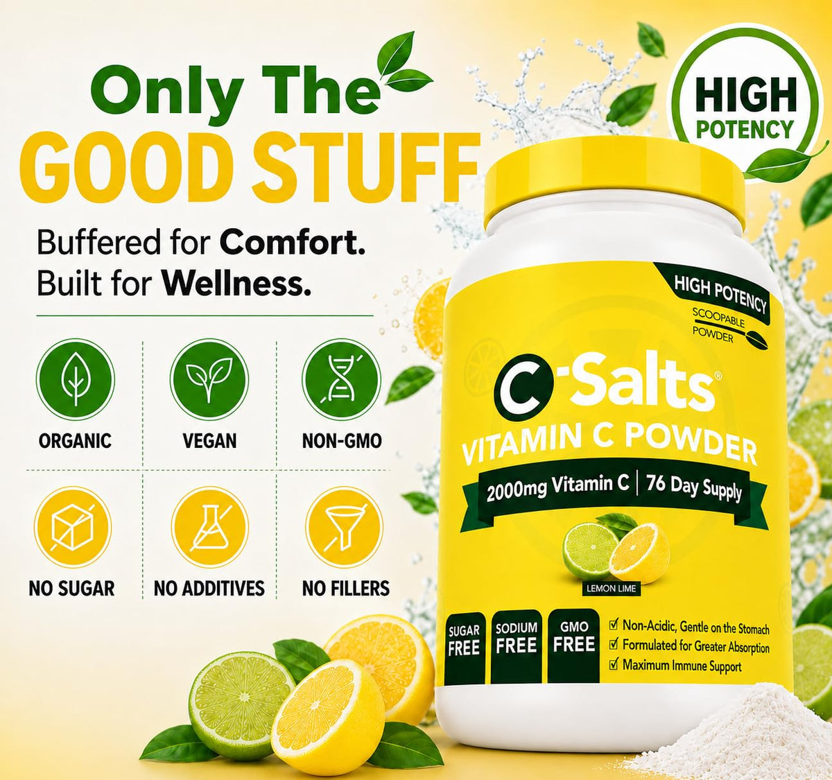 C-Salts Poudre de Vitamine C Tamponnée 227g sur une table avec des oranges