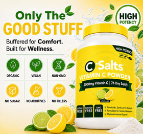 C-Salts Poudre de Vitamine C Tamponnée 227g sur une table avec des oranges