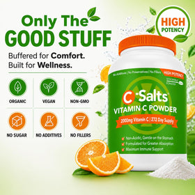C-Salts Poudre de Vitamine C Tamponnée 26oz à côté de fruits frais