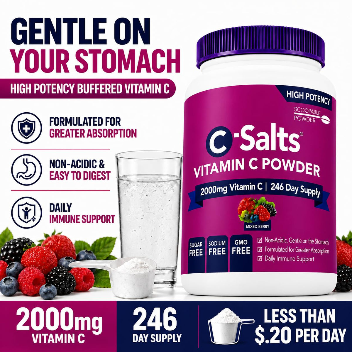 C-Salts Poudre de Vitamine C Tamponnée 26oz en préparation dans un verre