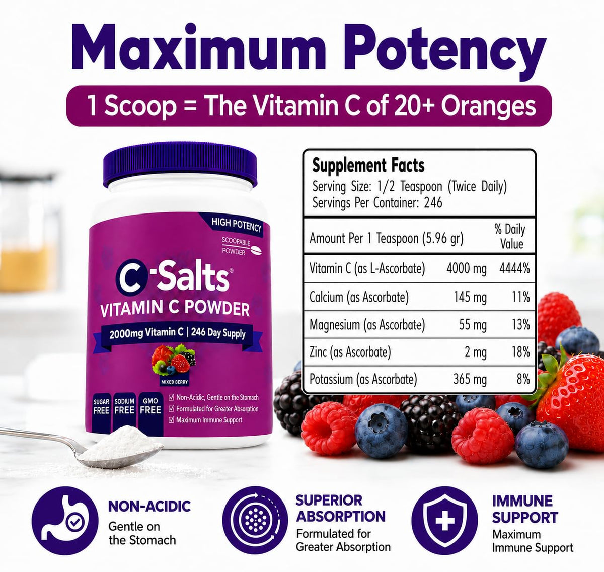 C-Salts Poudre de Vitamine C Tamponnée 26oz en utilisation dans un smoothie