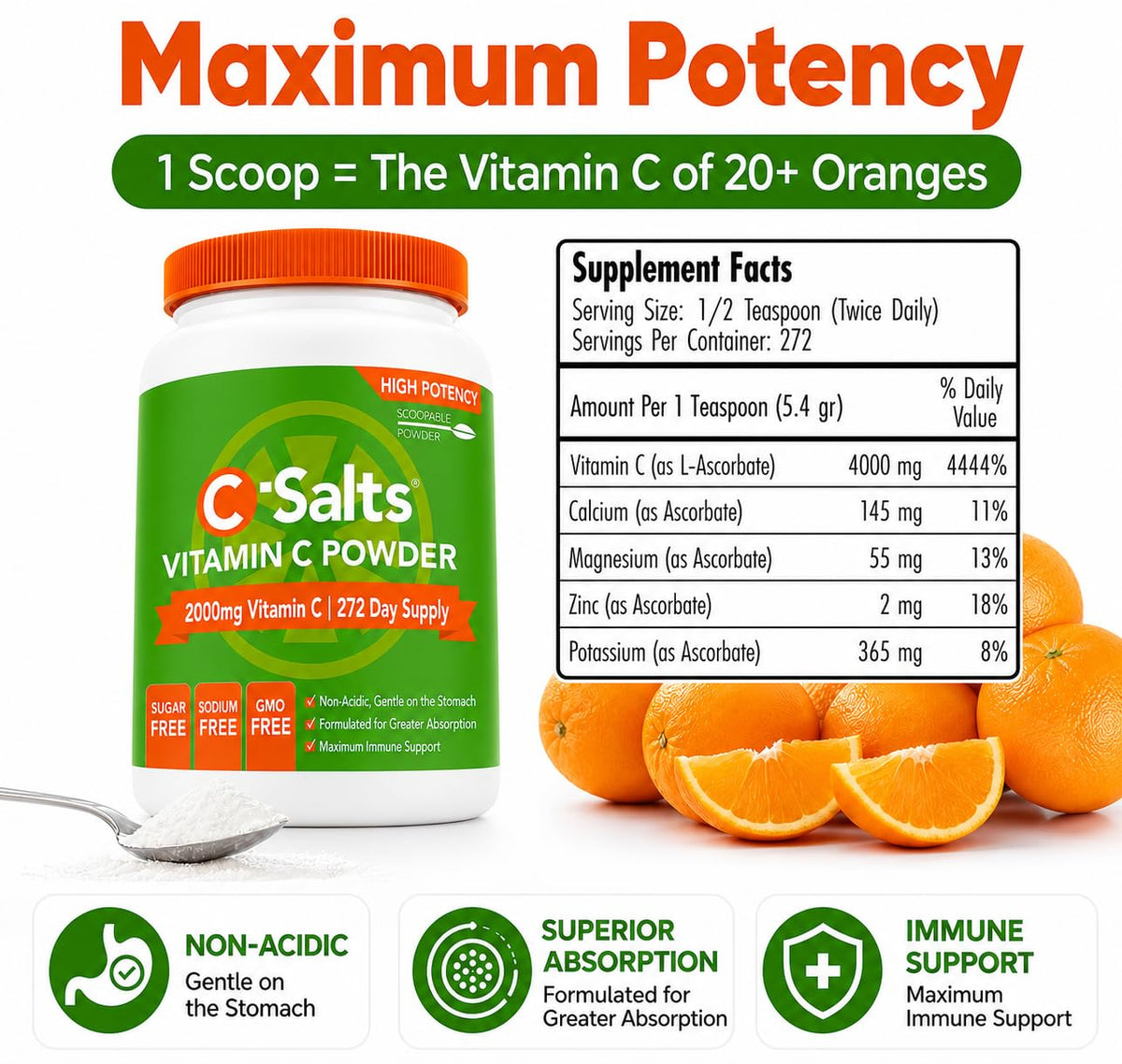 C-Salts Poudre de Vitamine C Tamponnée 26oz ouverte avec poudre visible