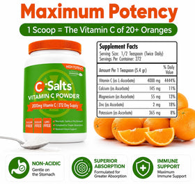 C-Salts Poudre de Vitamine C Tamponnée 26oz ouverte avec poudre visible