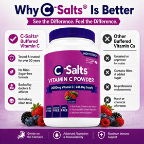 C-Salts Poudre de Vitamine C Tamponnée 26oz sur une table avec des fruits