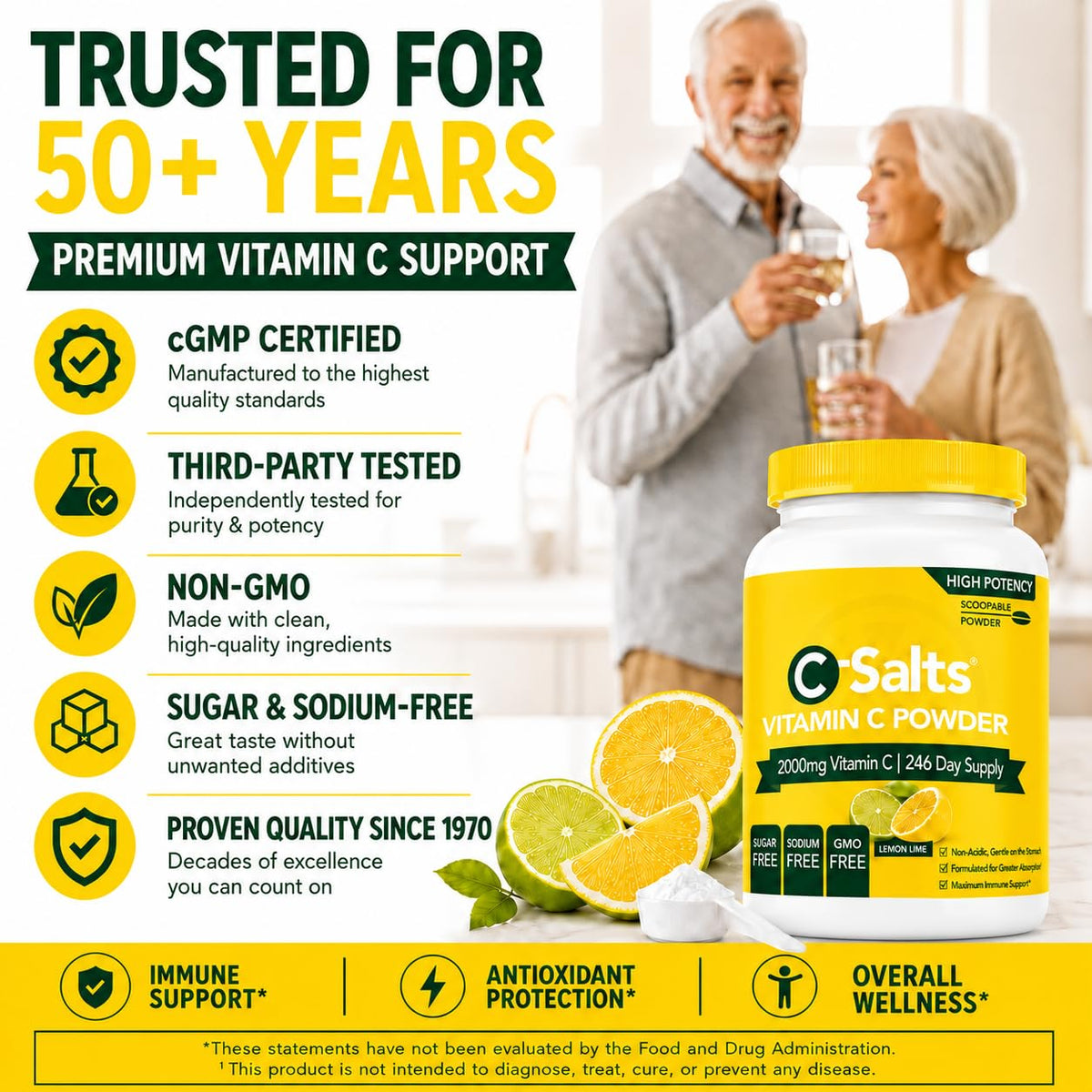 C-Salts Poudre de Vitamine C Tamponnée 780g à côté d'un verre d'eau