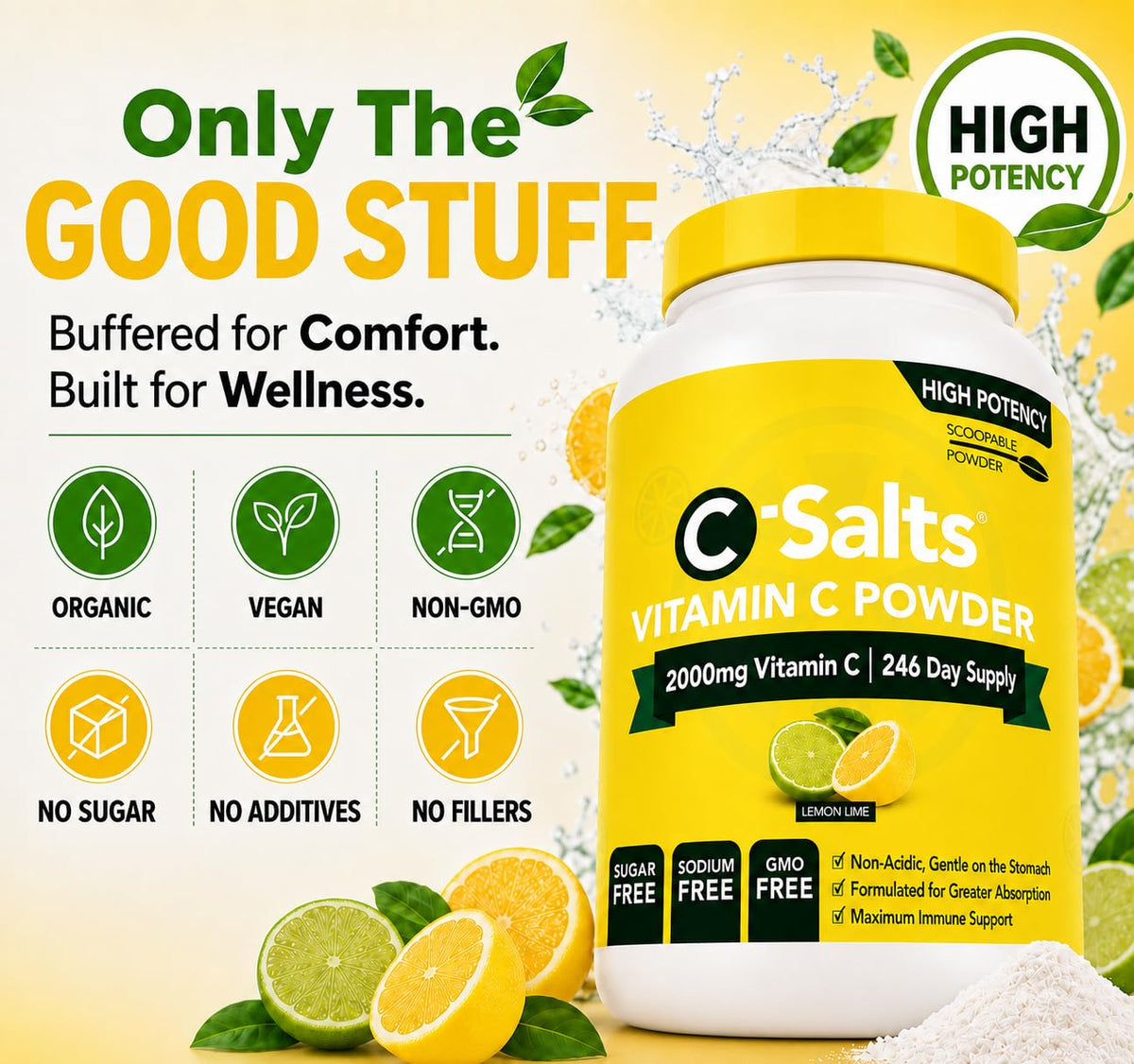 C-Salts Poudre de Vitamine C Tamponnée 780g avec des oranges en arrière-plan
