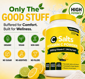 C-Salts Poudre de Vitamine C Tamponnée 780g avec des oranges en arrière-plan