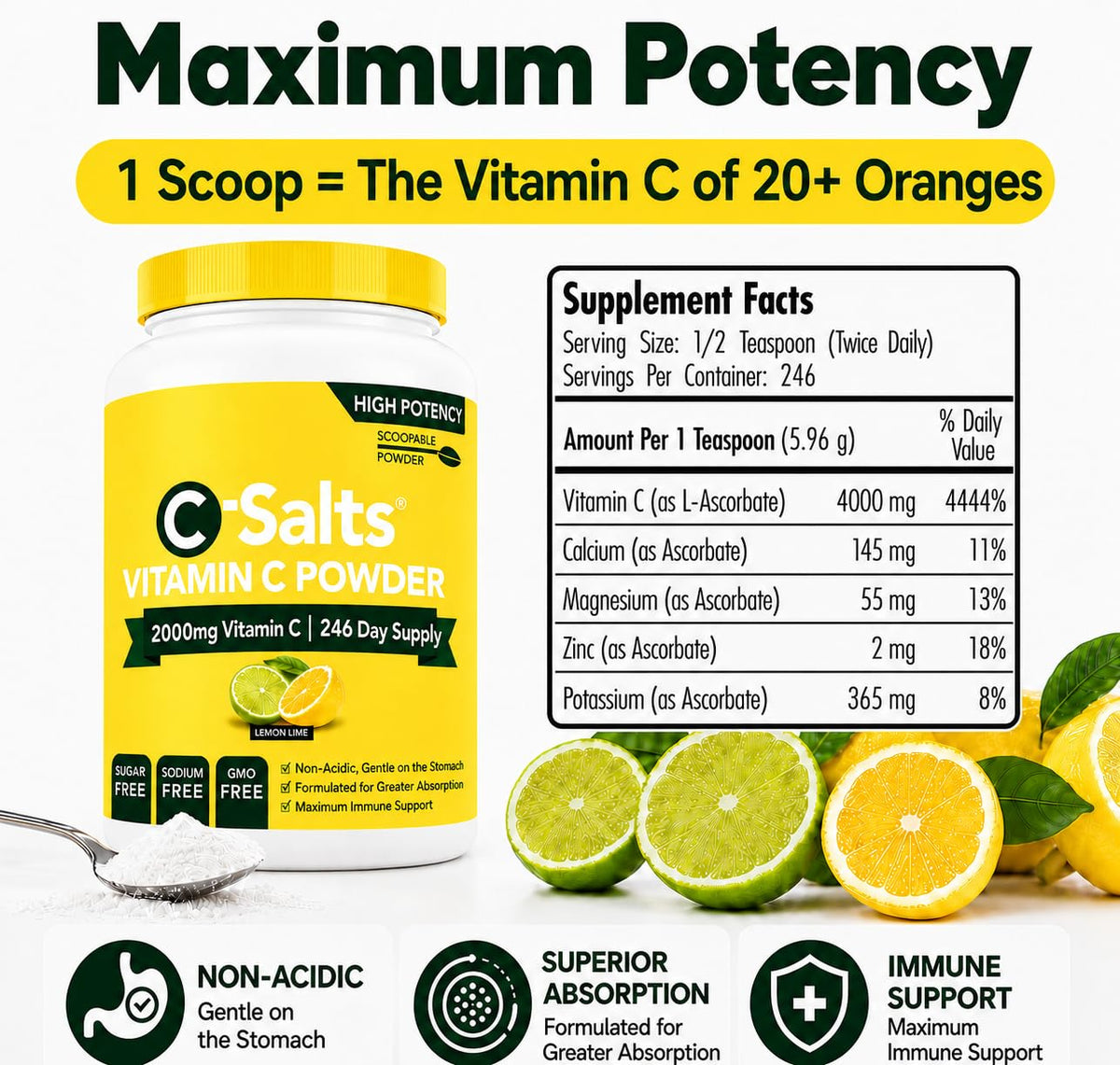 C-Salts Poudre de Vitamine C Tamponnée 780g sur une table de cuisine