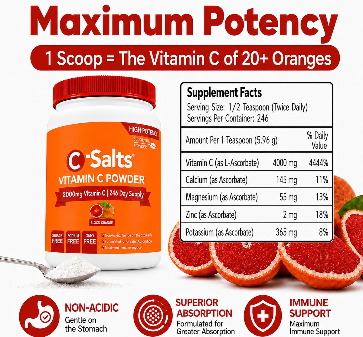 C-Salts Poudre de Vitamine C Tamponnée 789g sur une table avec des fruits