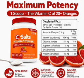C-Salts Poudre de Vitamine C Tamponnée 789g sur une table avec des fruits