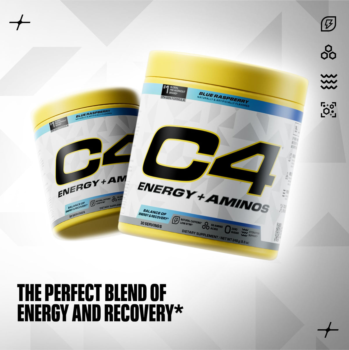 C4 Energy + Aminos Poudre 308g à côté d'une bouteille d'eau