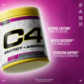 C4 Energy + Aminos poudre 308g en boîte ouverte avec cuillère
