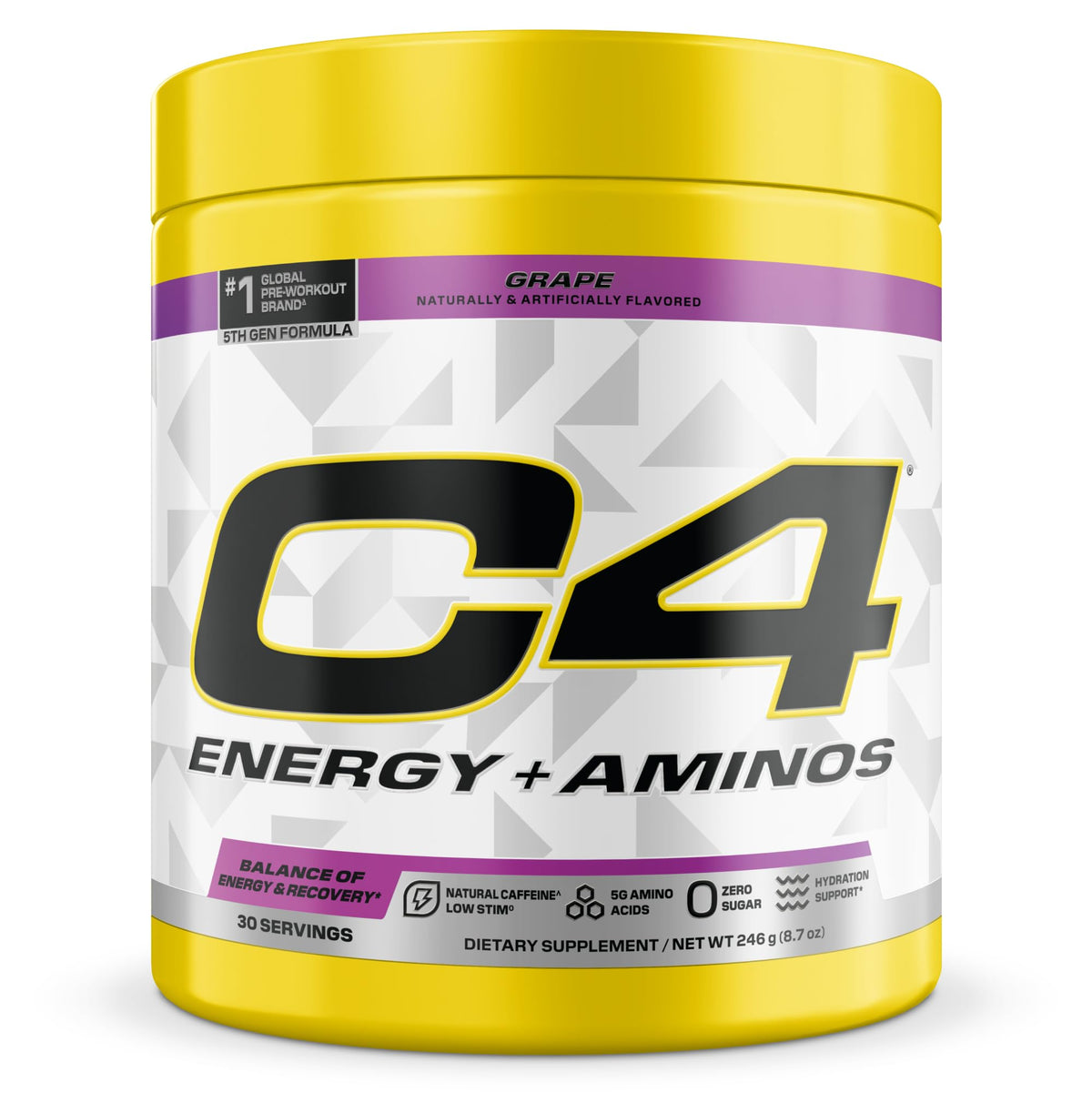 C4 Energy + Aminos poudre 308g vue avant avec étiquette de raisin