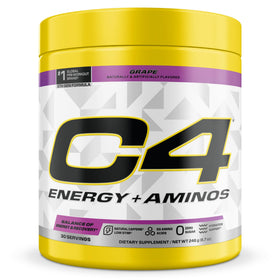 C4 Energy + Aminos poudre 308g vue avant avec étiquette de raisin