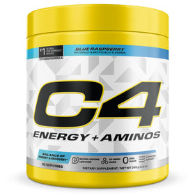 C4 Energy + Aminos Poudre 308g vue de face avec emballage bleu framboise