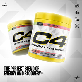 C4 Energy + Aminos Poudre 335g sur une table avec verre d'eau