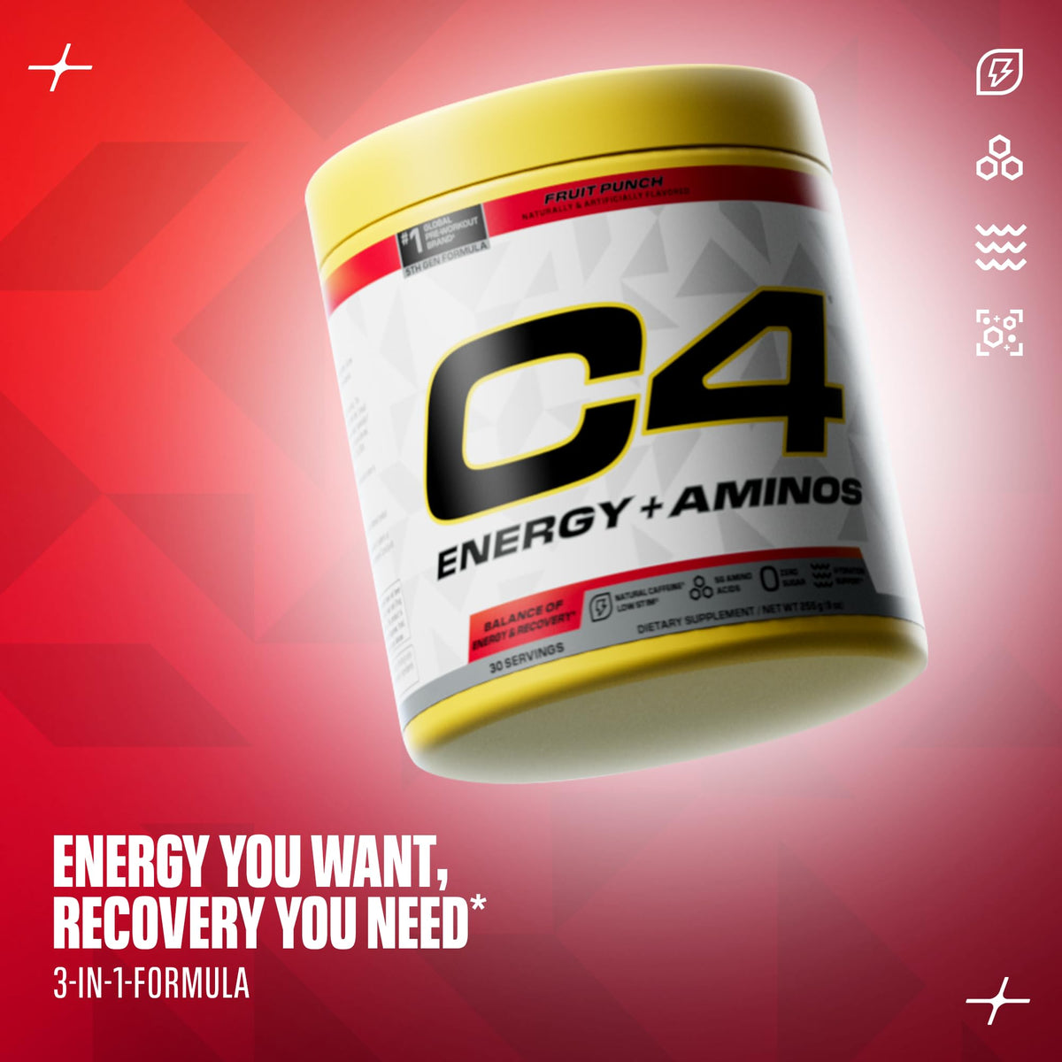C4 Energy + Aminos poudre fruit punch et ses ingrédients principaux