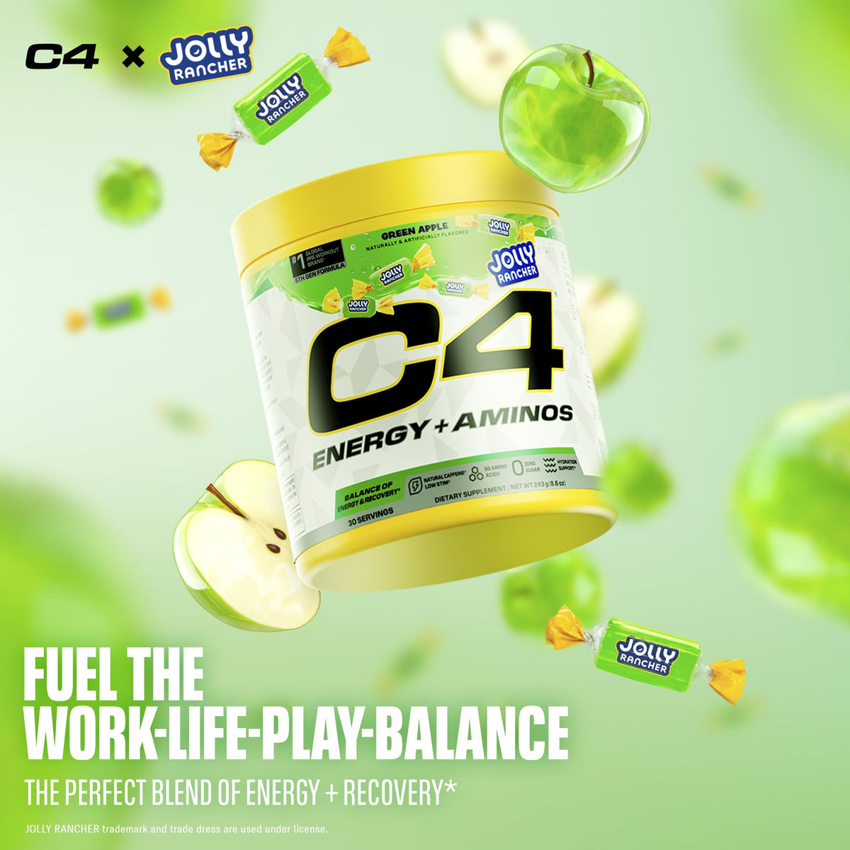 C4 Energy + Aminos Poudre Jolly Rancher Pomme Verte avec verre d'eau