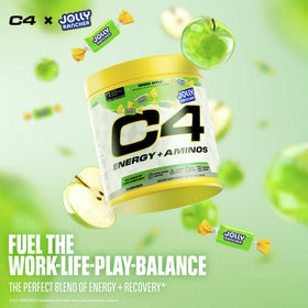 C4 Energy + Aminos Poudre Jolly Rancher Pomme Verte avec verre d'eau