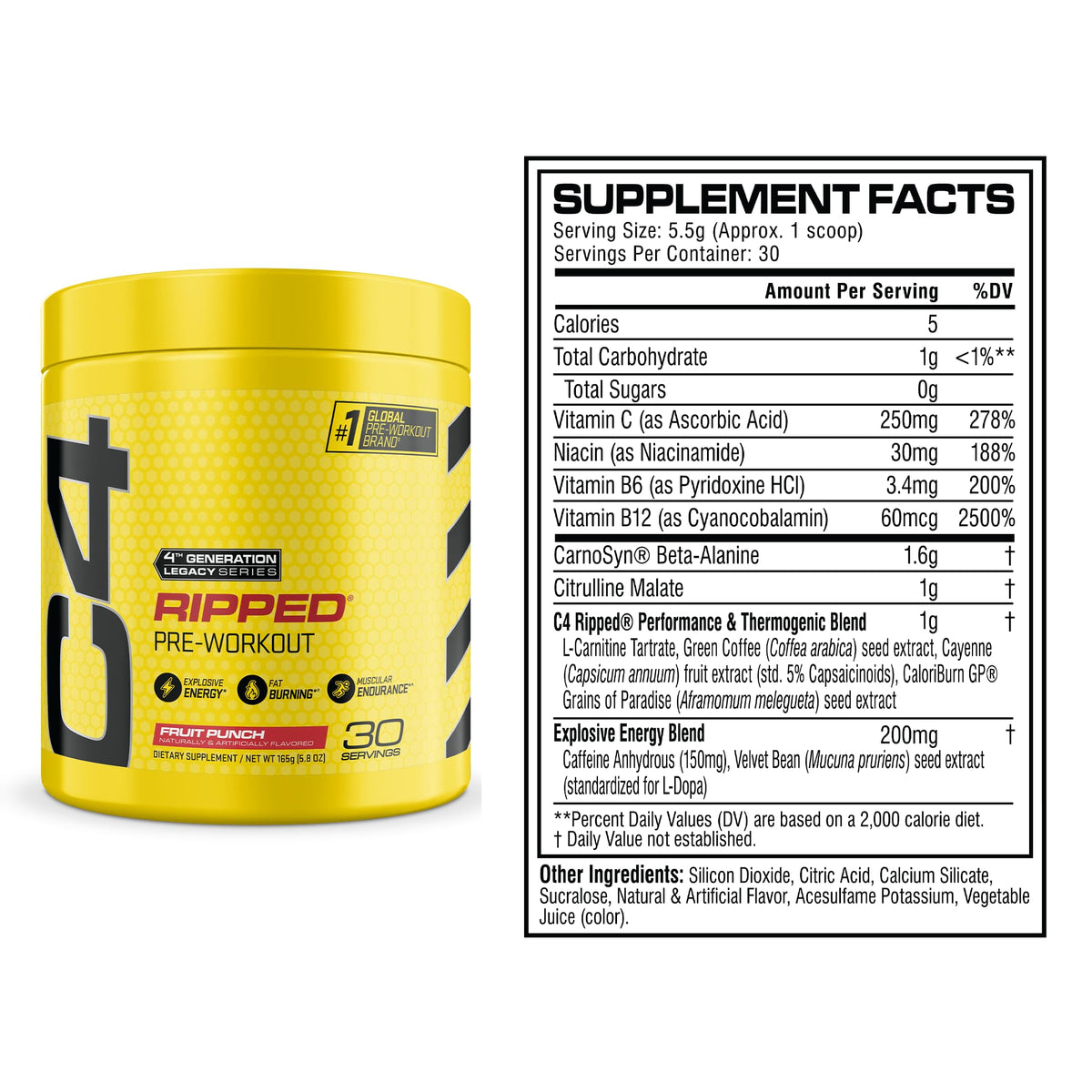 C4 Ripped Poudre Pré-Workout Fruit Punch 240g avec cuillère doseuse