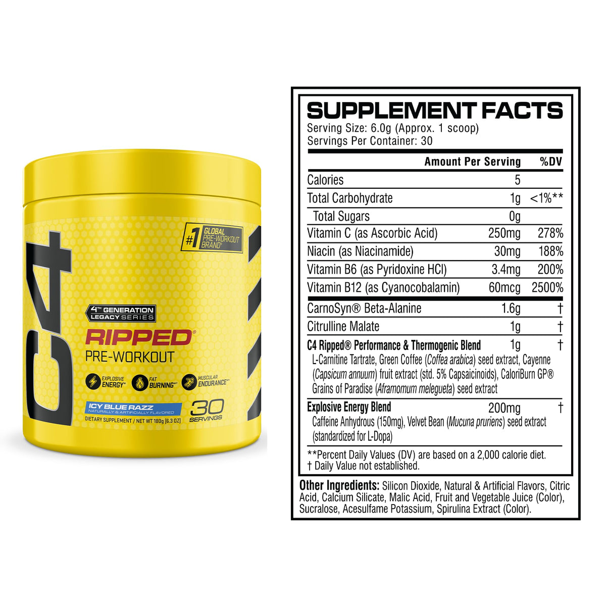 C4 Ripped Pré-Workout Icy Blue Razz 255g avec cuillère doseuse