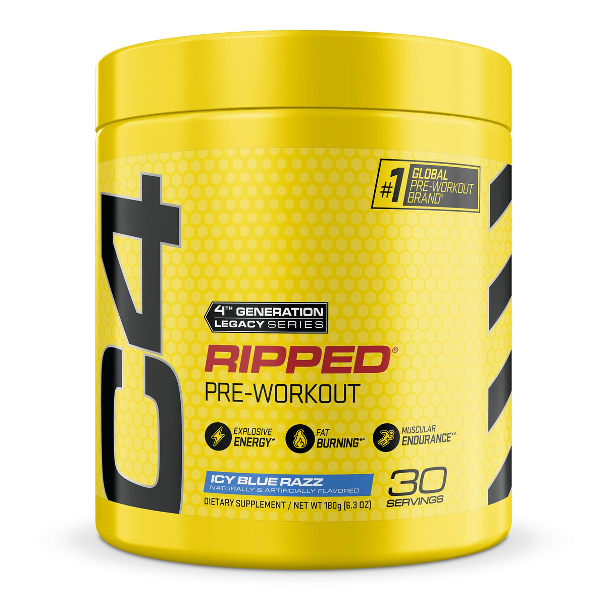 C4 Ripped Pré-Workout Icy Blue Razz 255g vue de face