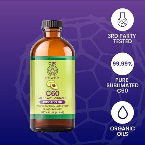 C60 Purple Power C60 bouteille avec étiquette et contenu