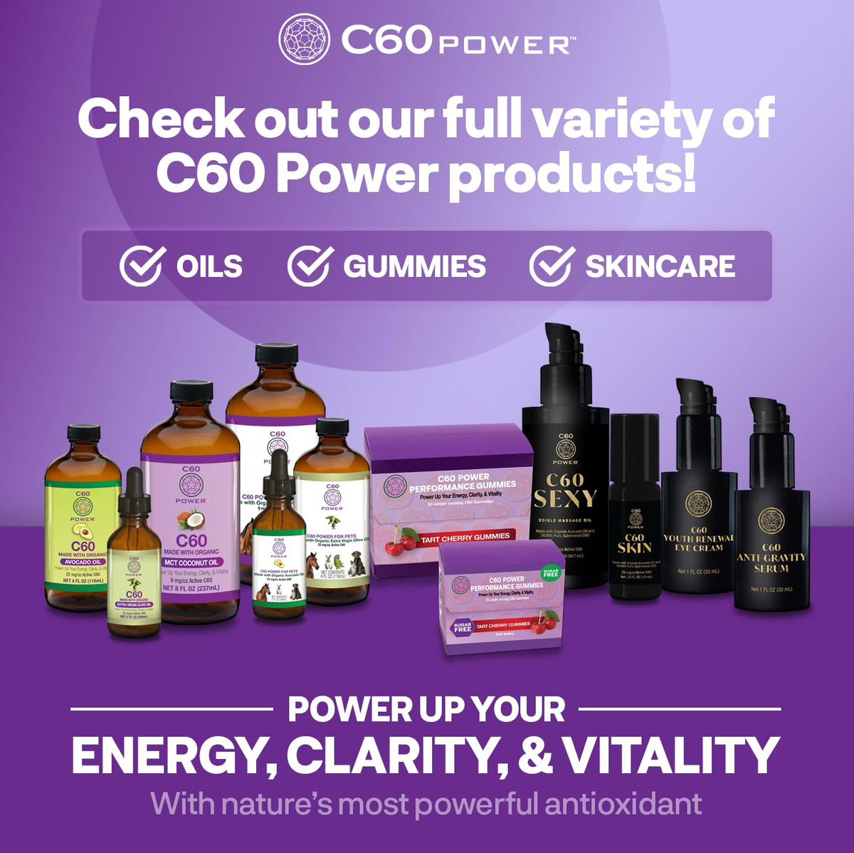 C60 Purple Power C60 en huile d'avocat bio sur fond blanc