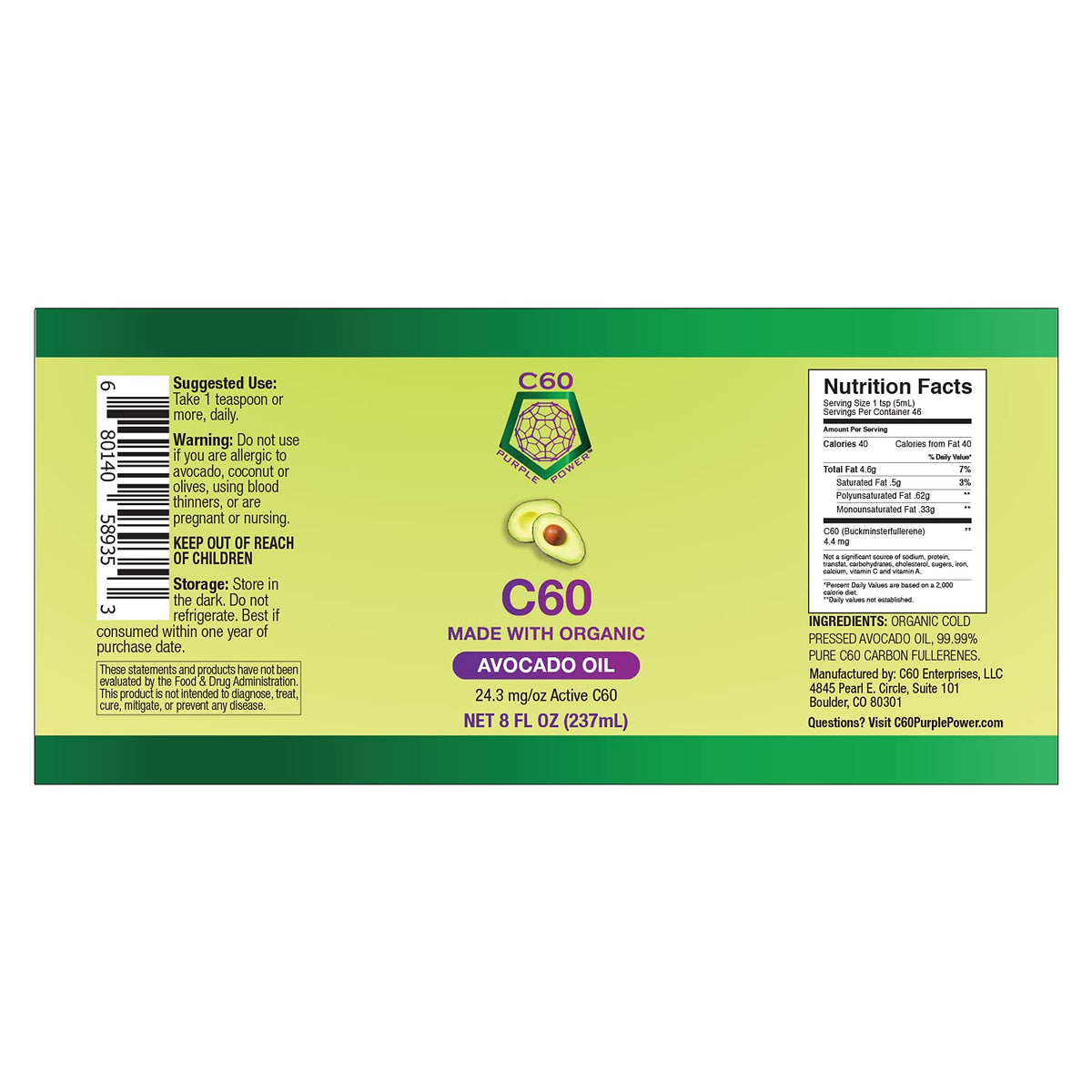 C60 Purple Power C60 en huile d'avocat bio sur une table en bois