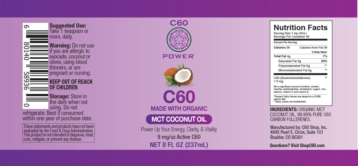 C60 Purple Power Huile de Coco MCT 472g près d'un smoothie