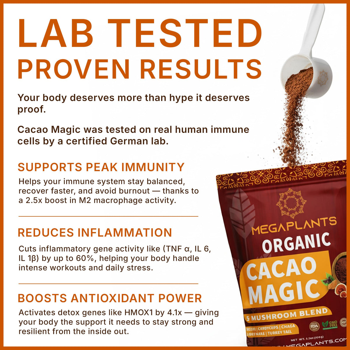 Cacao Magic MEGAPLANTS poudre de cacao mélangée dans une tasse