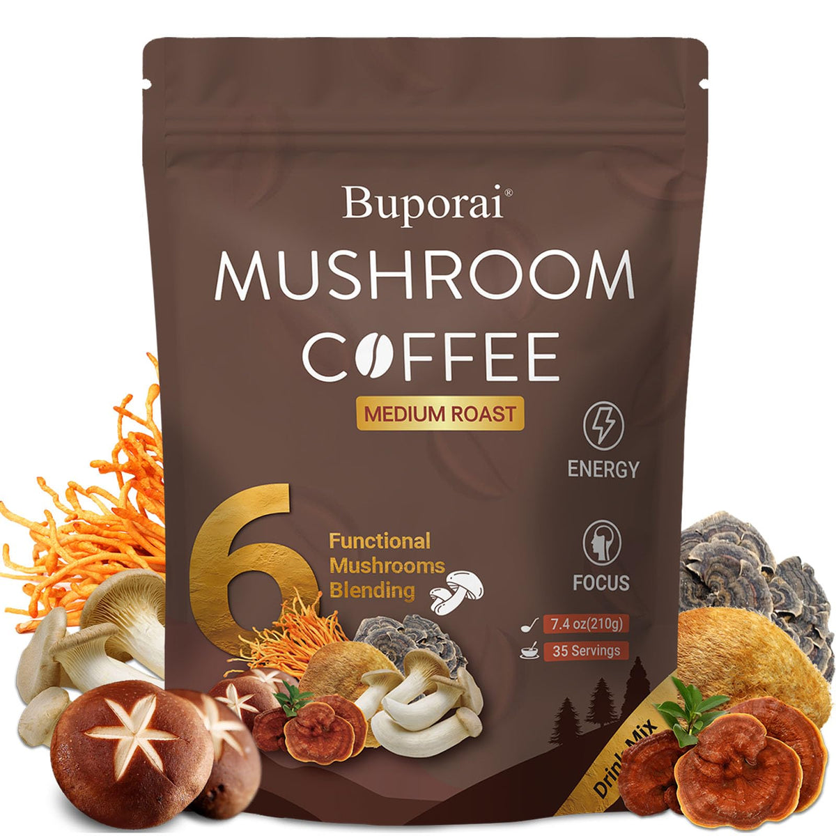 Café aux champignons Buporai 222g vue avant avec emballage
