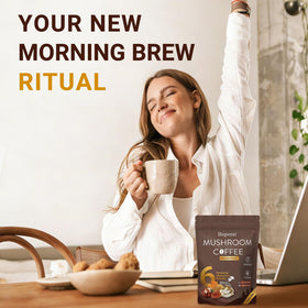 Café aux champignons Buporai 458g, présentation avec des champignons