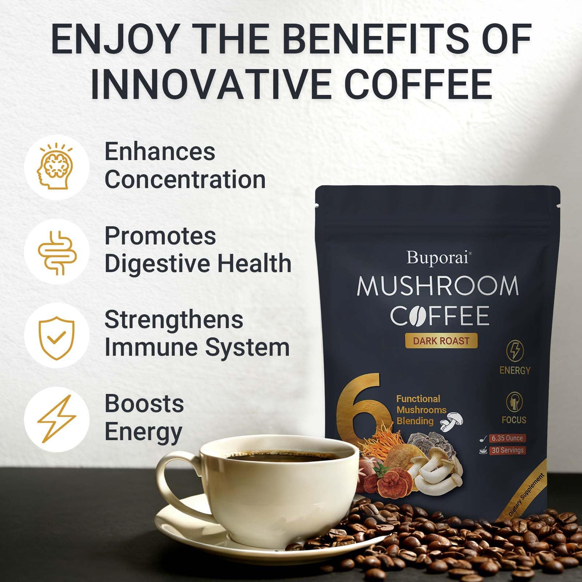 Café aux Champignons Buporai avec des champignons à côté