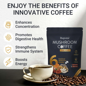 Café aux Champignons Buporai avec des champignons à côté