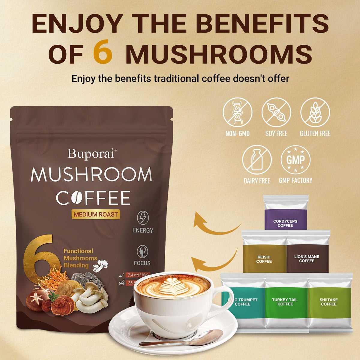 Café aux champignons Buporai en poudre dans un bol
