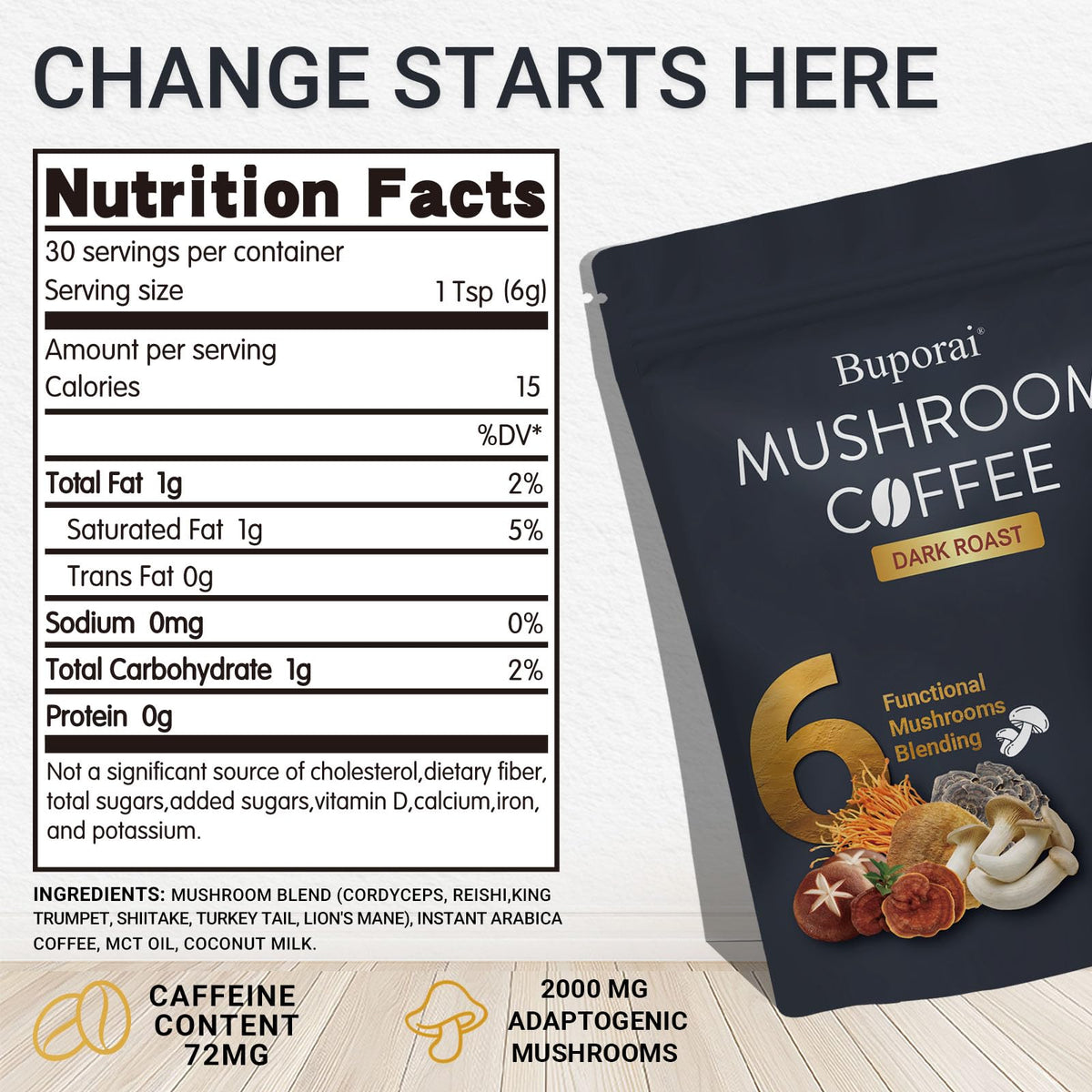 Café aux Champignons Buporai en poudre dans une cuillère