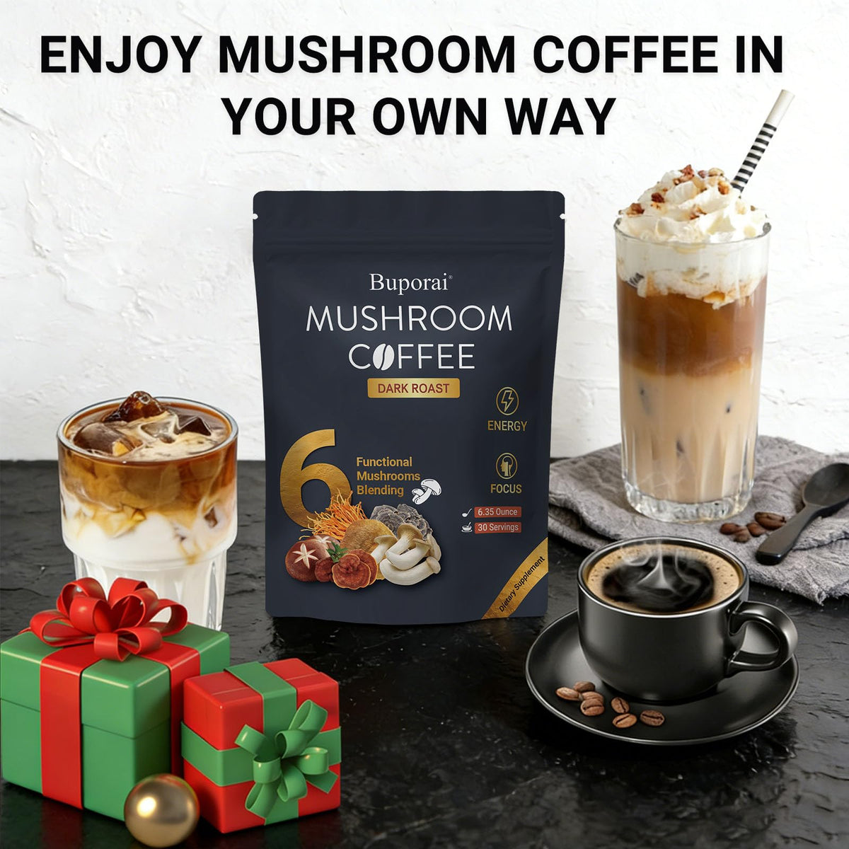 Café aux Champignons Buporai posé sur une table en bois