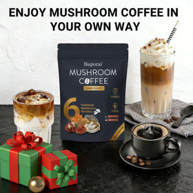 Café aux Champignons Buporai posé sur une table en bois