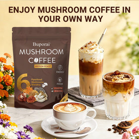 Café aux champignons Buporai versé dans une tasse