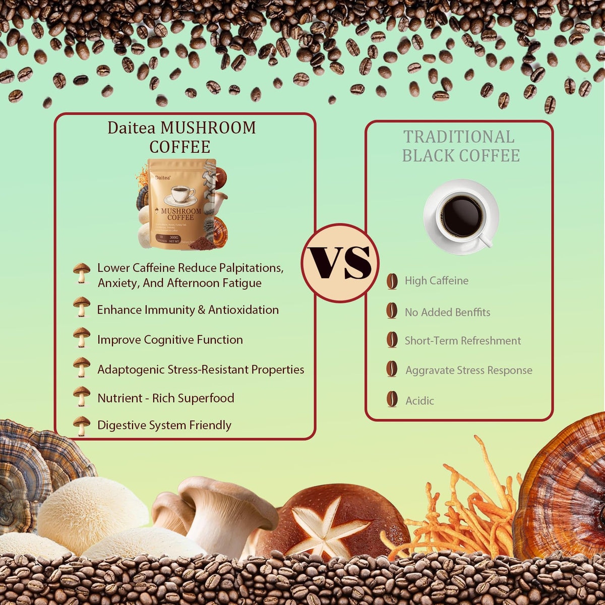 Café aux champignons Daitea sur une table avec des accessoires