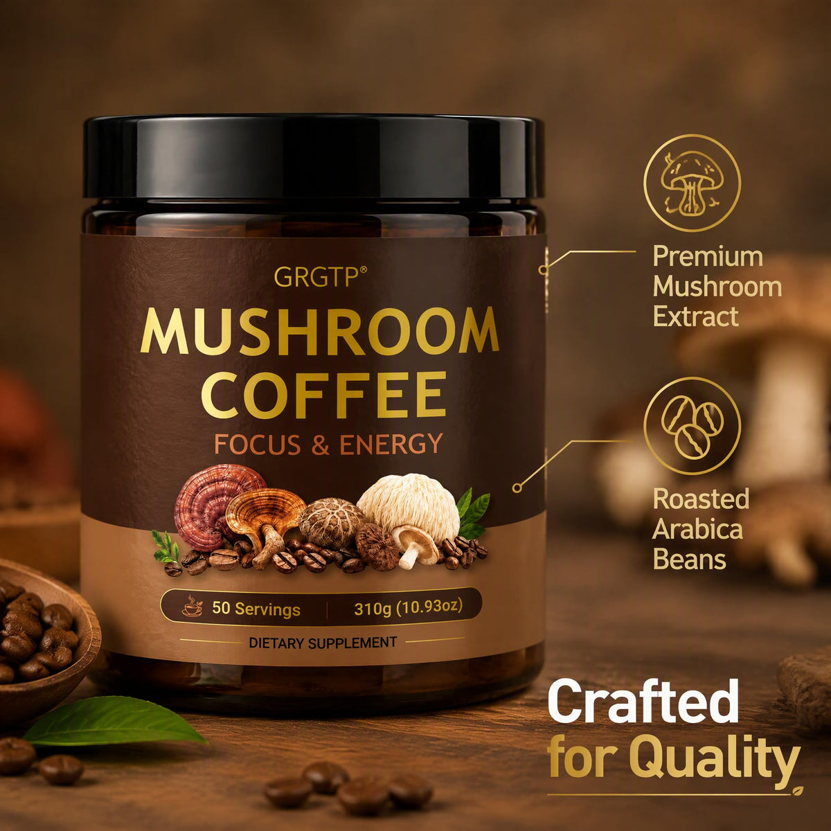 Café aux Champignons GRGTP, ingrédients principaux sur l'emballage