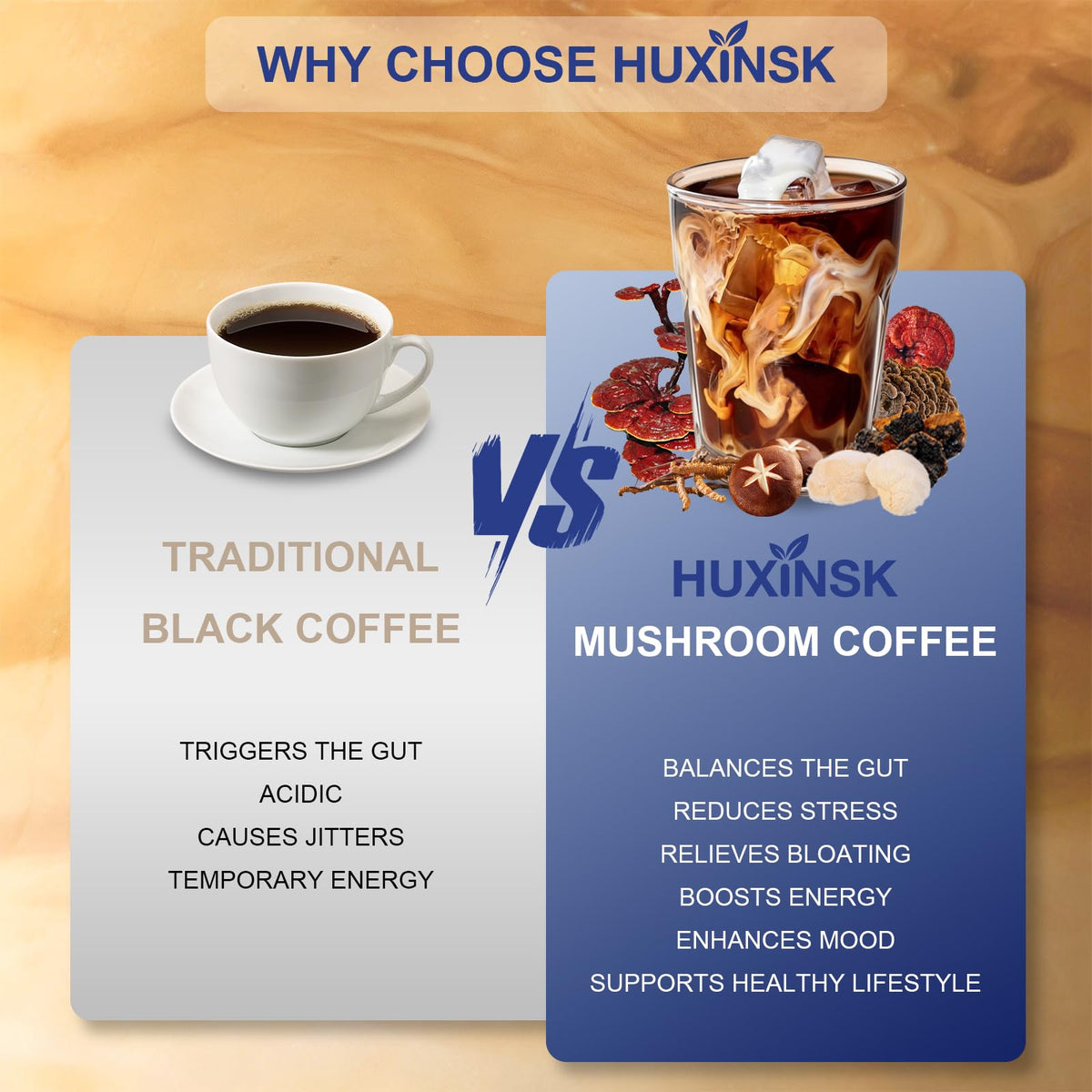 Café aux champignons HUXINSK bio, ingrédients sur la table