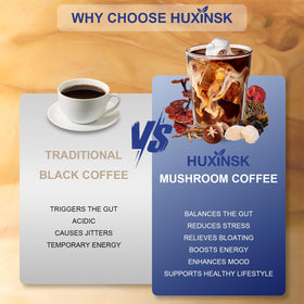 Café aux champignons HUXINSK bio, ingrédients sur la table