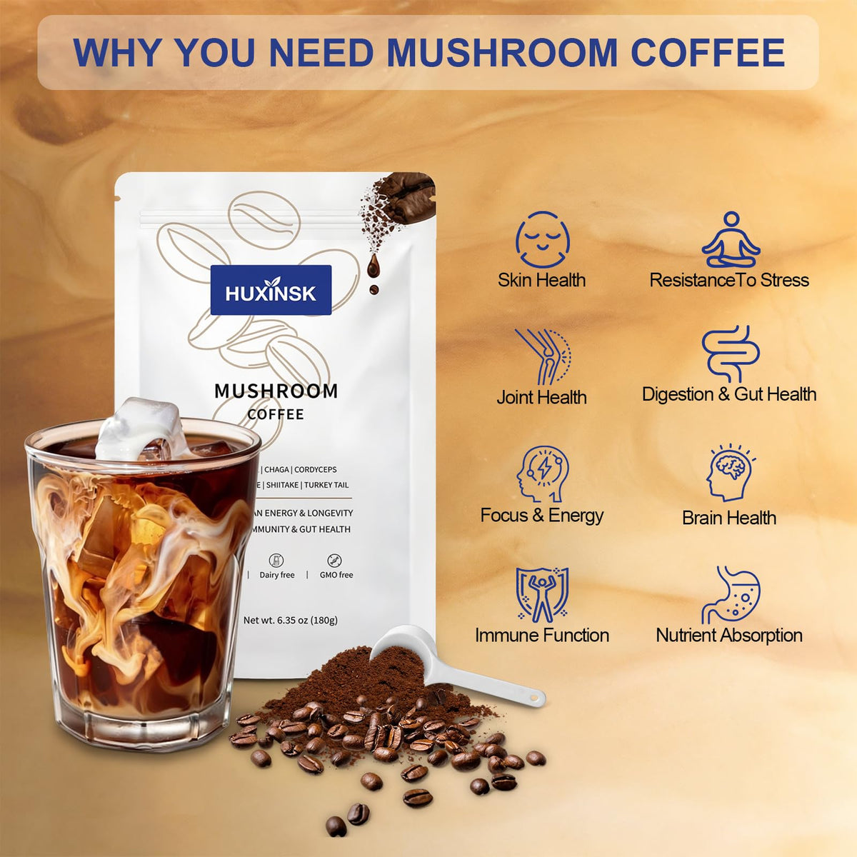 Café aux champignons HUXINSK bio, préparation dans un verre