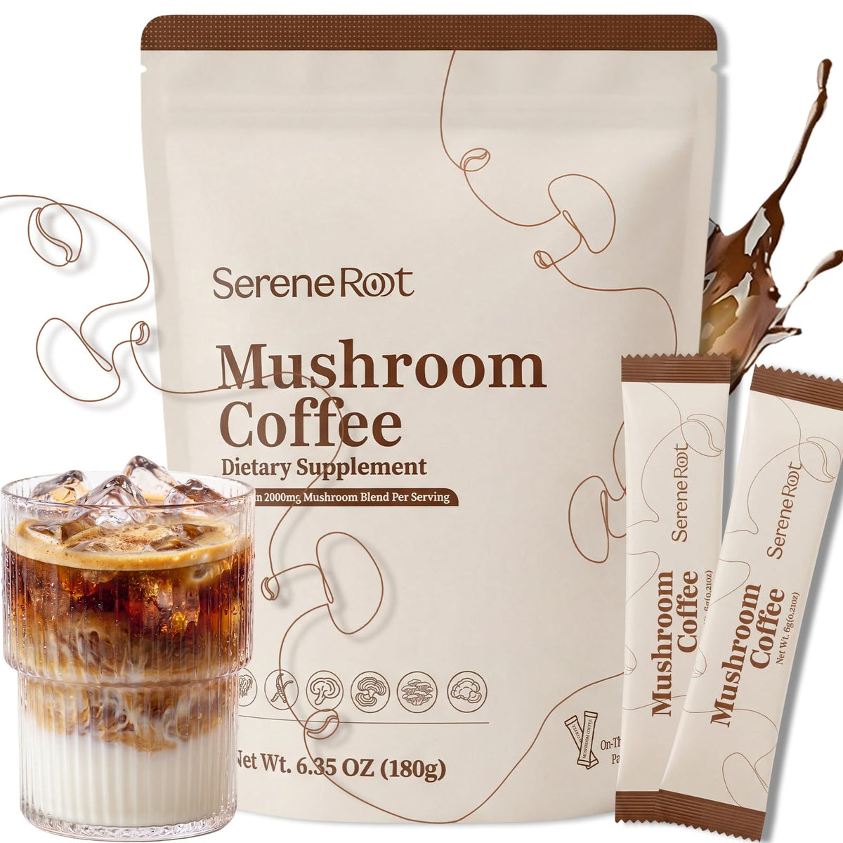 Café aux champignons instantané SereneRoot, paquet de 30 sticks
