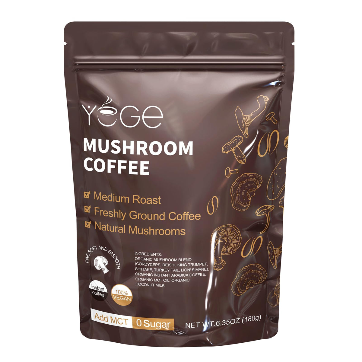 Café aux Champignons Instantané YEGE, emballage avant avec logo