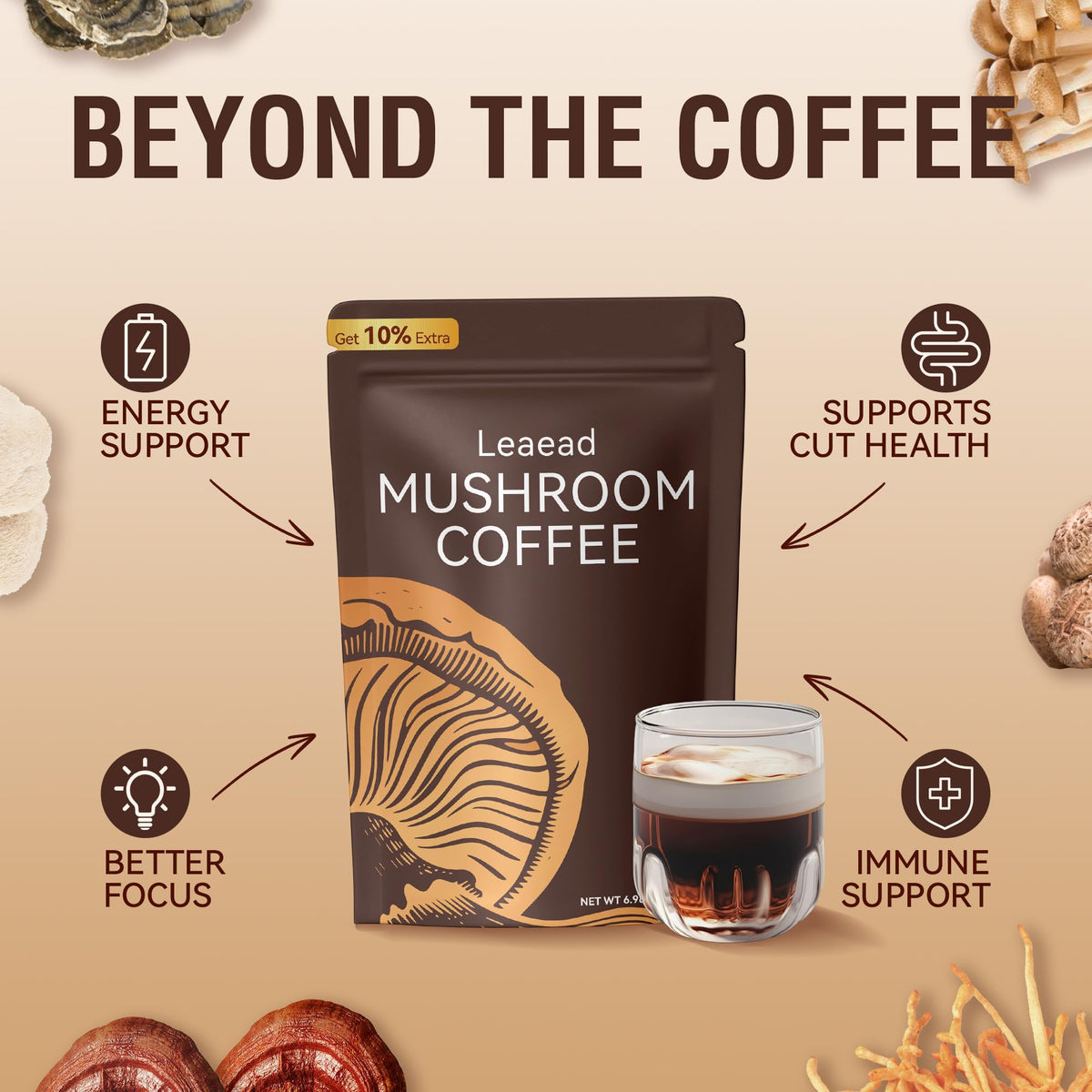 Café aux champignons Leaead, poudre dans une cuillère